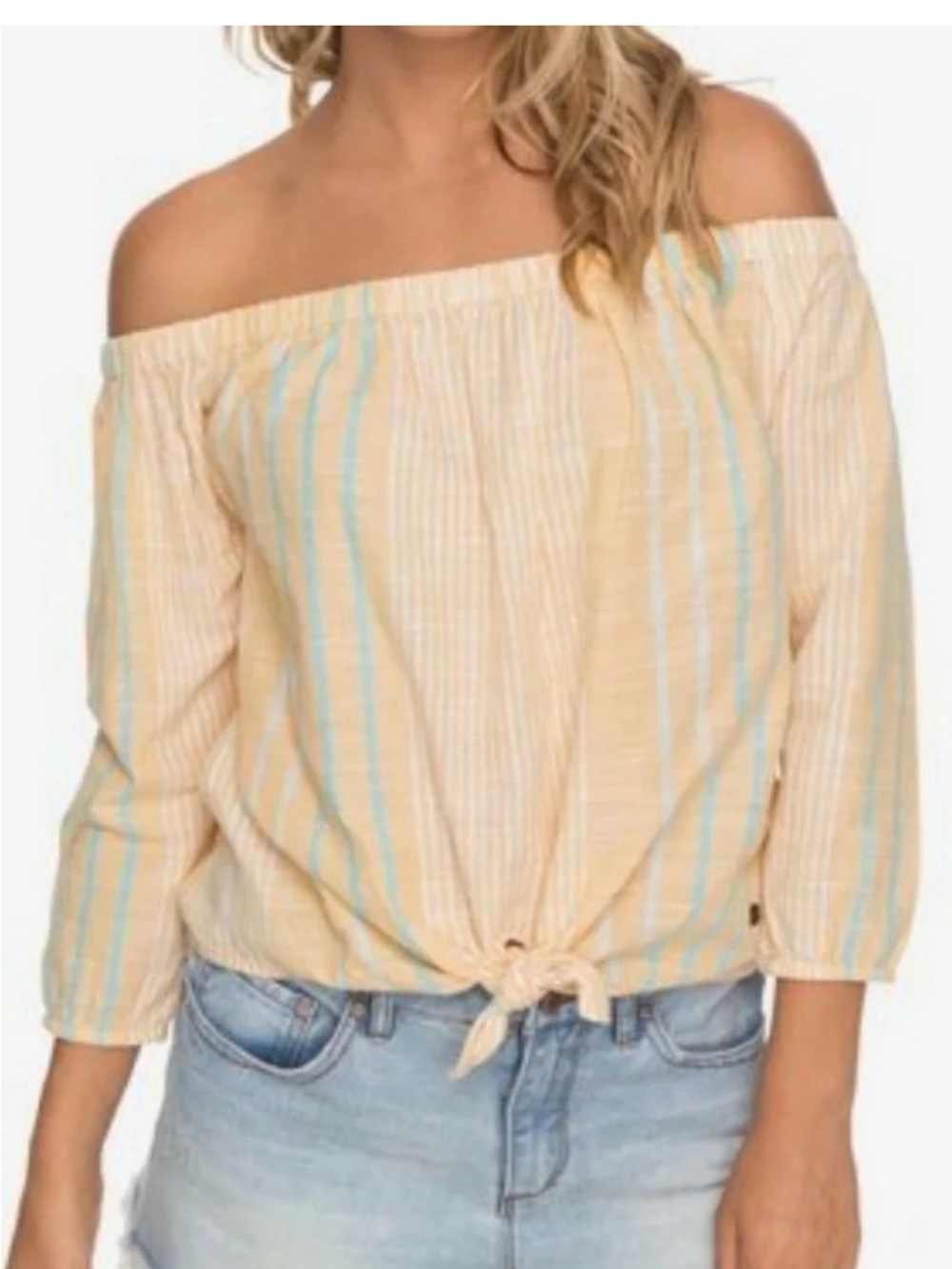 Roxy Crossing Stripes Off Shoulder Tie Hem Top Large Yellow Stripe 100% cotton